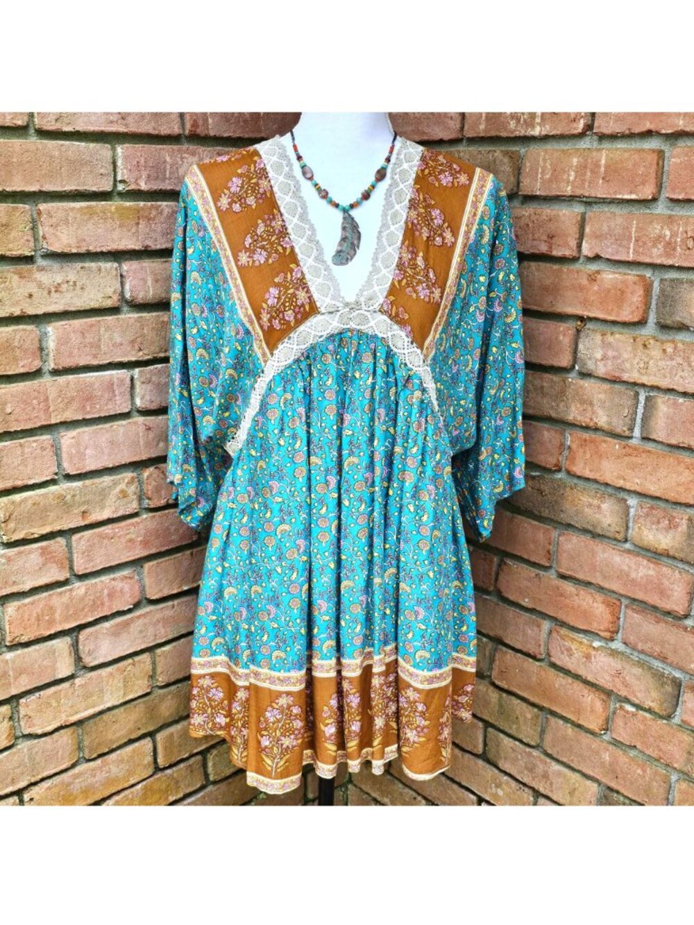 Boho Floral Lace Trim Dress, Teal Rust Print, Cottagecore, GiGiO Brand, Size S - Picture 3 of 11